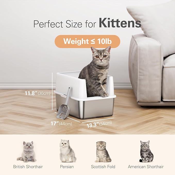 Barhon Stainless Steel Litter Box Small, Kitten Litter Box with High Sides 17" L x 13.3" W x 11.8" H, Metal Kitty Litter Box Easy to Clean, Non Sticky Bottom, Odor-Free, White
