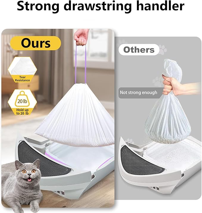 60 Count Self-Cleaning Cat Litter Box Liners, Compatible with Litter Box Robot 4 and 3, Thick Self-cleaning, Heavy Duty Drawstring Waste Bags, 20 Pounds Capacity (26" x 15")