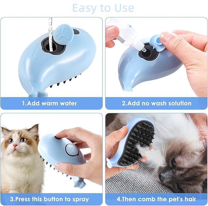 3 in 1 Cat Steamy Brush with Care Solution 2Pcs - Electric Spray Grooming Comb for Cats Dogs, Steaming Silicone Massage Brush - Self Cleaning Pet Hair Remover - Blue & Purple