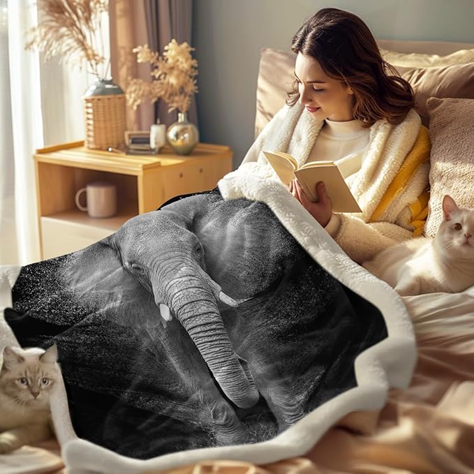 Sleepwish African Elephant Fleece Throw Blanket for Kids Girls Boys Soft Plush Black Grey Elephant Sherpa Blanket for Couch Chair Bed, Queen (90" X 90")
