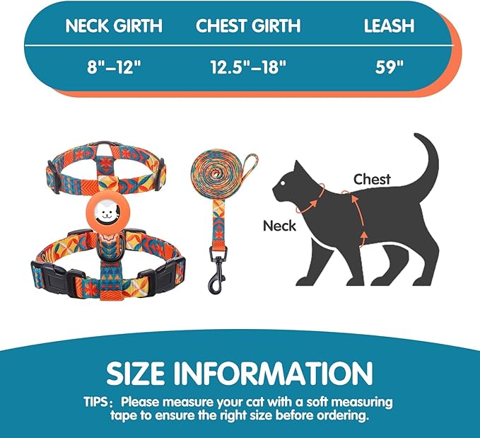 BINGPET Cat Harness and Leash Set Escape Proof for Walking,Adjustable Kitten Harness with Airtag Holder for Small Medium Large Cats,Easy Control Lightweight Harness with Safety Buckle Outdoor (Orange)