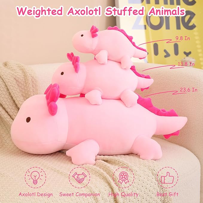 SQEQE Weighted Axolotl Plush Toy, Pink Axolotl Stuffed Animals Cute Plush Pillow, Cute Weighted Stuffed Animals Gifts for Girls & Boys Pink 13.8 Inch, 1.6 Lbs
