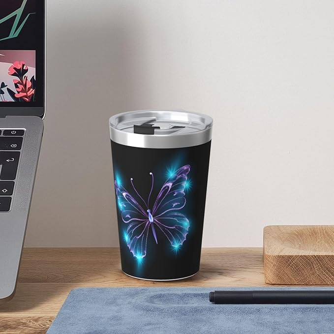 12 OZ Insulated Tumbler Mug with Lid Straw, Butterfly Stars Stainless Steel Coffee Cups for Home Travel Office School Gifts
