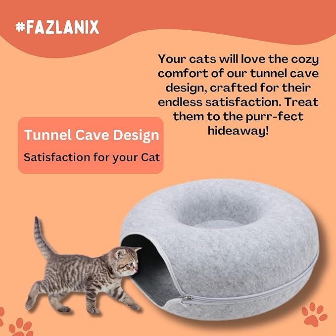 Large Grey Pet Round Tunnel Cave | Toy Hiding Tent for Pets, Kittens, Rabbits, Puppies | Flexible Zipper Detachable Design Size 61x61x28cm, 1,1KG