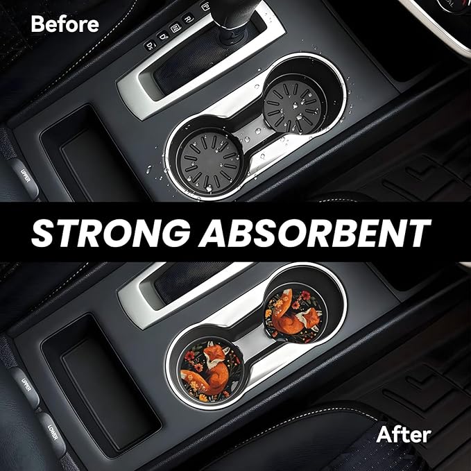 Absorbent Ceramic Car Coasters for Cup Holders, Fox Flower Design 2.56" Anti Slip Universal Drink Cup Coasters for Women Men (2 Pack)