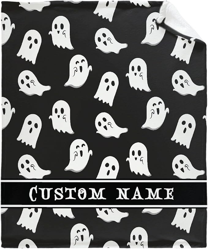 Cute Little Funny Ghost Custom Blanket Black Night Sky Spooky Personalized Throw Blankets Gifts for Girl Boy Flannel Fleece Halloween Customized Throw Blankets for Kids With Name Lap Sofa 50x40In