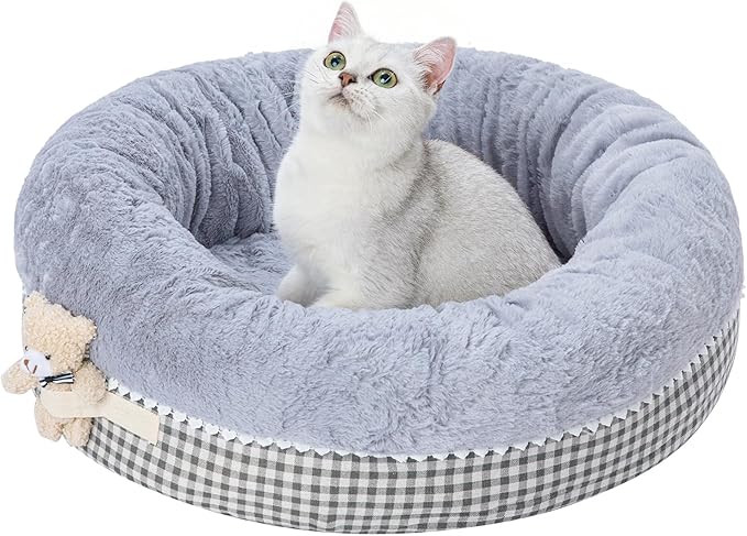Jiupety Teddy Donut Bed for Indoor Cats, Washable & Warm Small Dog Bed, Cute Fluffy Round Kitten Bed, Suitable for Cat and Puppy, Anti-Slip Calming Princess Kitty Bed, Gray, 26"×26", Fit 25lbs
