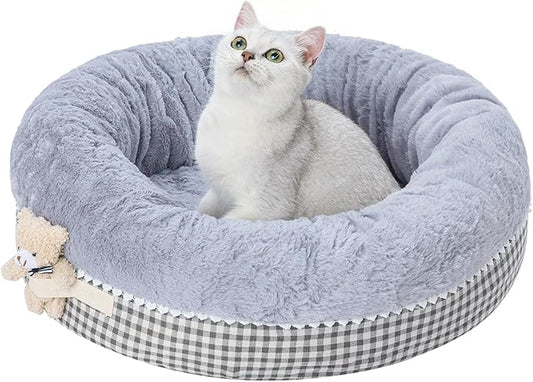 Jiupety Teddy Donut Bed for Indoor Cats, Washable & Warm Small Dog Bed, Cute Fluffy Round Kitten Bed, Suitable for Cat and Puppy, Anti-Slip Calming Princess Kitty Bed, Gray, 26"×26", Fit 25lbs