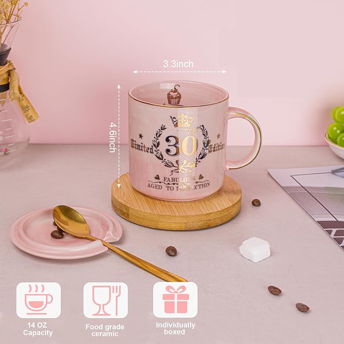 30th Birthday Gifts for Her, Fabulous 30 Limited Edition, 14oz Gold Pattern Coffee Mug, Microwave Dishwasher Safe, Unique Gift for Best Friend, Wife, Sister, Coworker, Beautifully Gift Boxed.