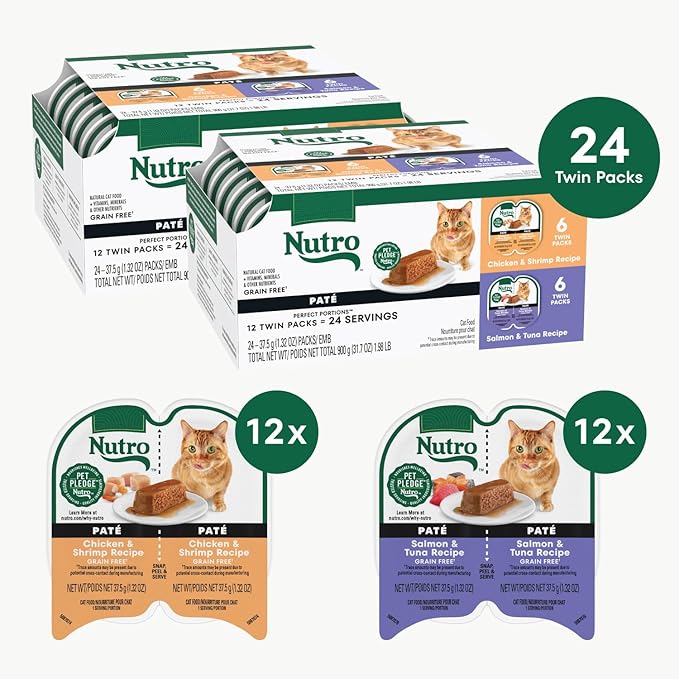 Nutro Wet Cat Food Paté Multipack: Salmon & Tuna; Chicken & Shrimp Recipes, (12) 2.64 oz. Trays (Pack of 2)