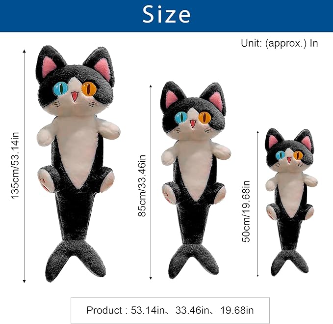 OOPSHANA Long Cat Plush Toy Cute Plushie Hugging Plush Pillow Shark Cat Stuffed Animal for Girls and Boys Black 33"