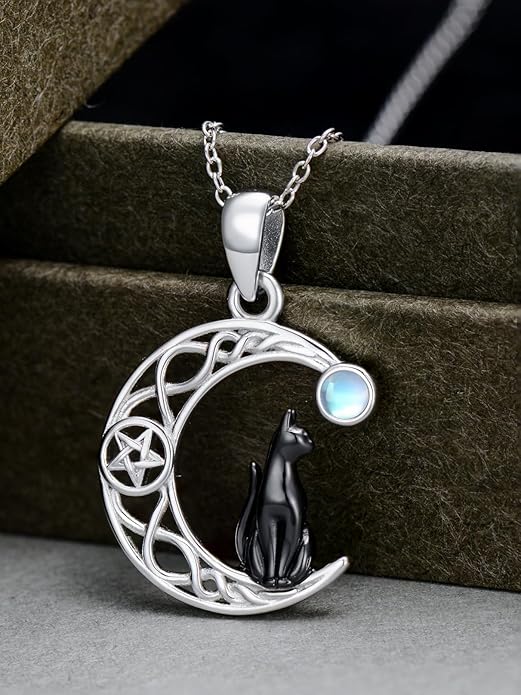 Black Cat/Dragon/Fox/Wolf Necklace 925 Sterling Silver Celtic Moon Pentagram Pendant Gothic Jewelry Goth Halloween Gifts for Women