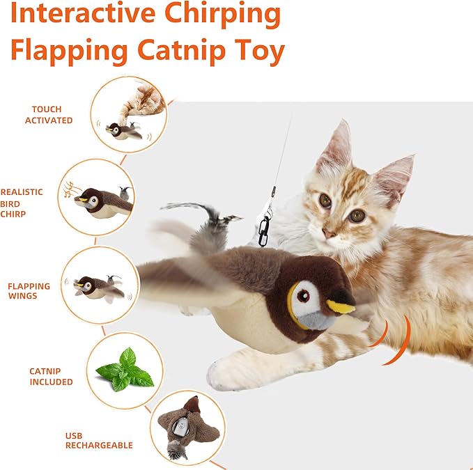 Flapping Bird Cat Toy, Rechargeable Lifelike Interactive Bird Cat Toys for Indoor Cats, Flapping Wings & Lively Chirping, Automatic Catnip Toys for Kitten Self Play Touch Activated (Sparrow)