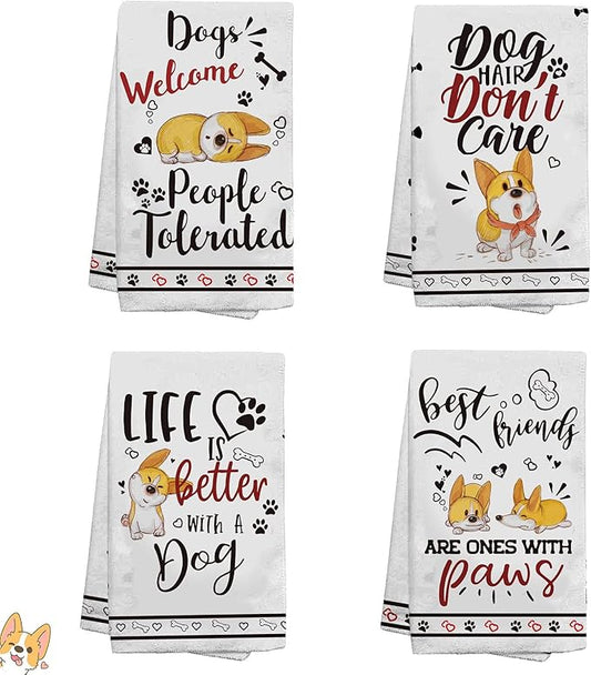 Hexagram Dog Mom Gifts for Women, Dog Kitchen Towels Set of 4, Corgi Gifts for Corgi Lovers, Funny Cute Dish Hand Towels for Home Kitchen Decor