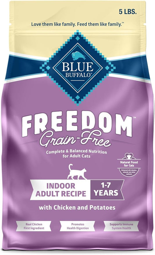 Blue Buffalo Freedom Grain-Free Adult Dry Cat Food, Complete & Balanced Nutrition for Indoor Cats, Made with Natural Ingredients, Chicken Recipe, 5-lb. Bag