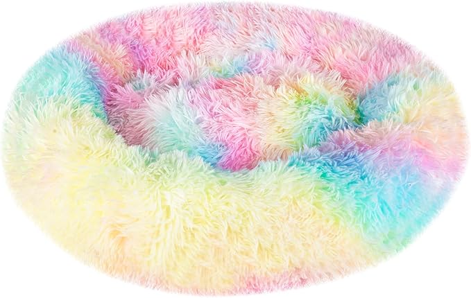 ShellKingdom Cat Beds for Indoor Cats, 24 inch Large Dog Bed for Small Medium Large Dogs, Cute Round Fluffy Plush Pet Bed for Puppy Kitten, Self Warming Calming Soft Donut Cat Bed, Rainbow