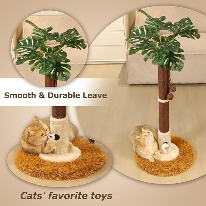 Cat Scratching Posts Cat Trees 35.43" Tall with Sisal Rope Cat Toy and Hanging Ball for Indoor,Wooden Palm Tree Cat Scratch Pole for All Cat (Brown)