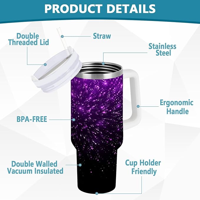 Boccsty Glowing Sparkles Purple Glitter Insulated Tumblers Reusable Stainless Steel Tumbler 30 oz Cup Coffee Travel Mug Water Bottle with Handle & Flip Straw for Home Office Car
