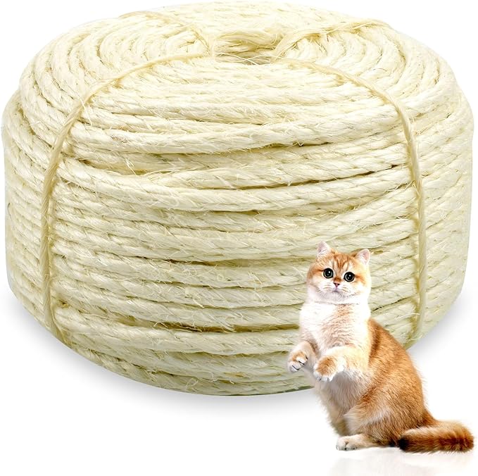 Sisal Rope for Cat Scratcher 1/4" Diameter 164 FT Cat Natural Sisal Rope for Repairing Cat Scratching Post Cat Tower Repair Rope Cat Tree Rope Replace Recovering and DIY