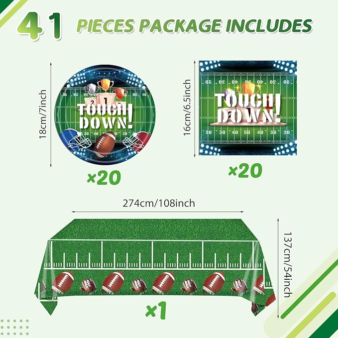 41Pcs Football Party Decorations Football Party Supplies Tableware Set -20 Guests Football Theme Party Plate,Napkins and Tablecloths for Super Sunday Touchdown Party Decoration