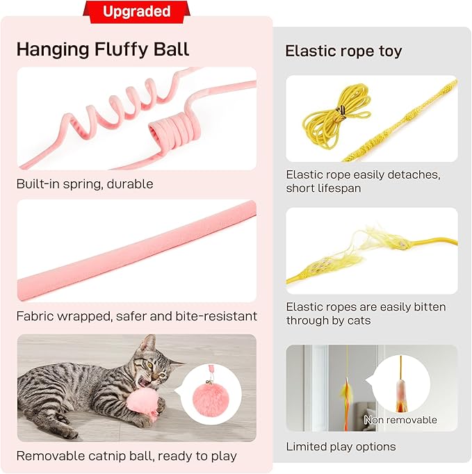 Potaroma Hanging Fluffy Cat Catnip Ball Toys 3 Pcs with Bell, Interactive Cat Teaser Retractable, Cat Toys Indoor Kitten Play Chase Exercise Physical Stimulation