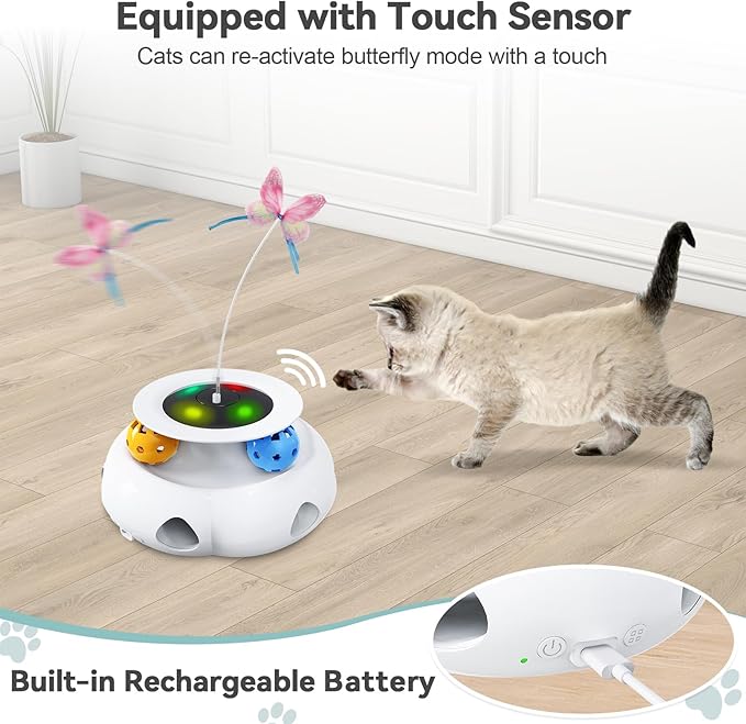 Cat Toys Automatic 3in1 Rechargeable Ambush Feather, Spinning Butterfly, Track Balls, Touch Activated Kitten Toys Interactive Cat Toy for Indoor Cats