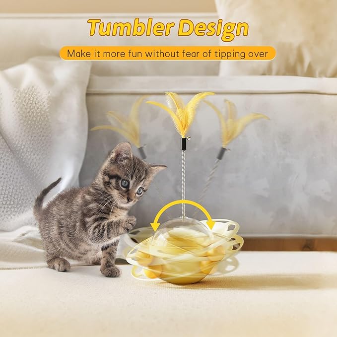 SEVENKA Cat Toys, 4in1 Interactive Kitten Toy, Fluttering Feather Toy, Track Ball, 16 Cat Spiral Spring, Slow Cat Treats Dispenser Cat Feeder Cat Food Dispensing Pet Supplies, Indoor Exercise Kicker