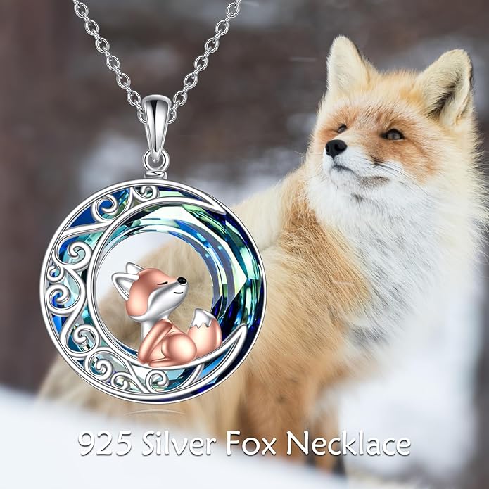 925 Sterling Silver Celtic Crescent Moon Animal Necklace for Women Fox/Black Cat/Hummingbird Crystal/Abalone Shell Pendant Jewelry Gift for Mom Daughter