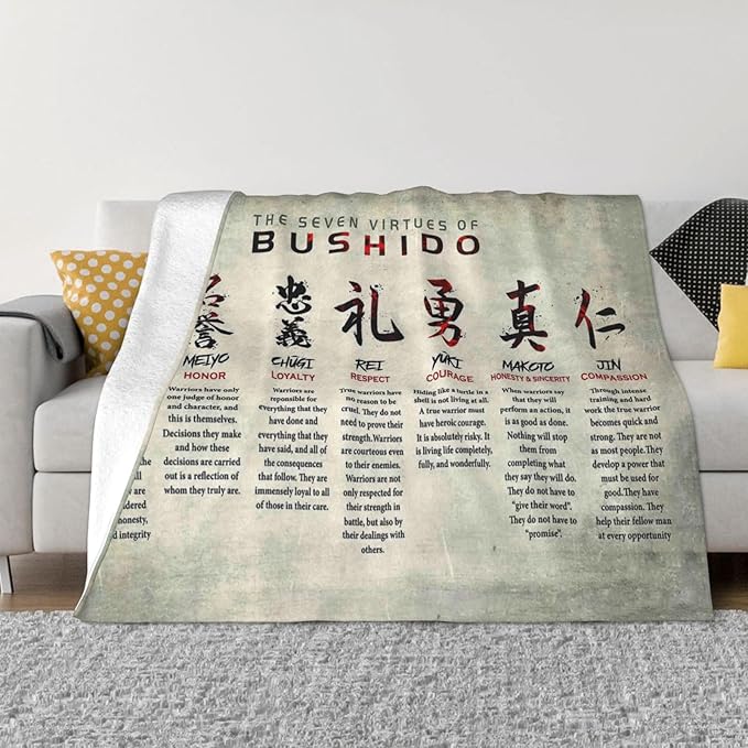 Samurai Bushido Blanket Japanese Gifts Seven Virtues Throw Blanket Super Warm Soft Plush Lightweight Fleece Flannel Japan Decor Blanket for Women Men Girls Boys for Couch Sofa Bedding 60"X50"
