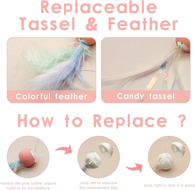 Andiker Cat Teaser Stick, Retractable Cat Wand with Replacement Head, Cat Feather Toy, Cat Interactive Toy for Indoor Cats for Relief Boredom and Exercise (Pink)