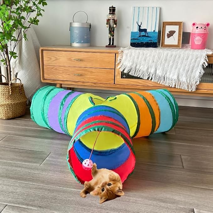 Cat Tunnel Tube Toys, Rainbow Tunnels for Indoor Cats, 3 Way Collapsible Interactive Toy Maze House with Peek Holes Dangling Ball for Rabbit, Kitten, Kitty, Puppy