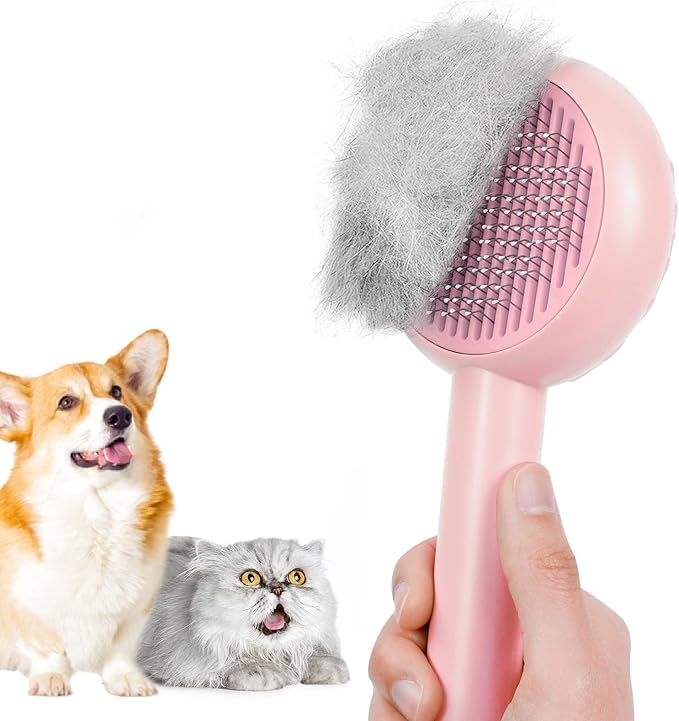 HICC GROOM! Pet Grooming Brush for Cats and Dogs, Self-Cleaning Sliker Brush, Pink