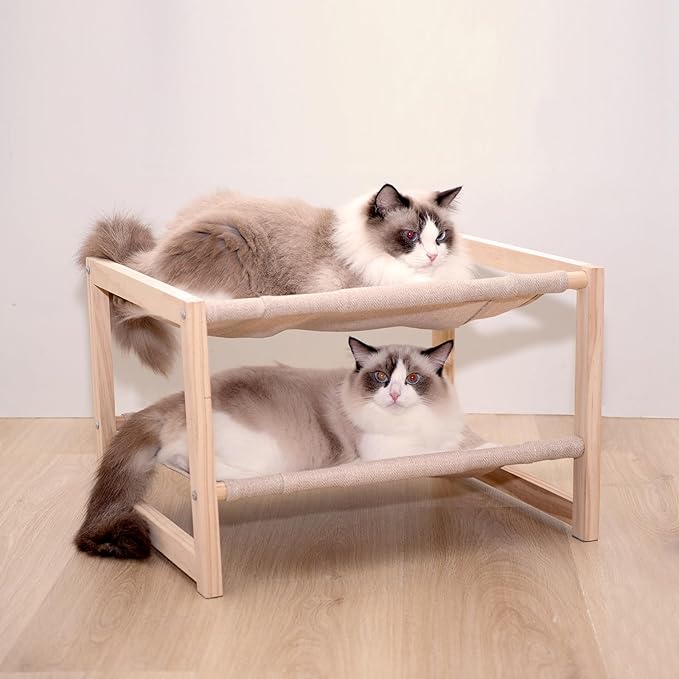 2 Tier Cat Hammock Bed, Elevated Wooden Pet Bunk Beds for Indoor Cats, Double Wooden Cat Bed, Solid Wood Raised Hanging Bed for 1 or 2 Cats Breathable Washable Covers