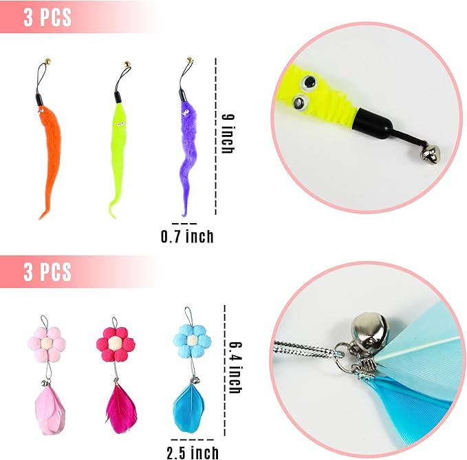 MOMOONNON Cat Toys Interactive Cats Pom Pom Balls Launcher Feather Toy Replacement Teaser Toys for Indoor Cat Kitten Toys Supplies (Style 01)