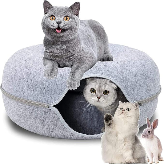 Cat Tunnel Bed, Cat Bed Donut, Cat Toy Hideout Indoor, Cat Condo, Cat Cave, Cats Toys Scratch Resistant Hideout, for All Seasons (light grey-2024, 24 * 24 * 11 inches)