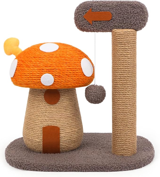 RAIN QUEEN Mushroom Cat Scratcher Post, Mushroom Cat Tree & Cat Toys, Scratching Posts for Indoor Cats with Natural Sisal Rope Cat Tower to Satisfy Cats’ Claw Instincts, for Kittens Or Smaller Catcat