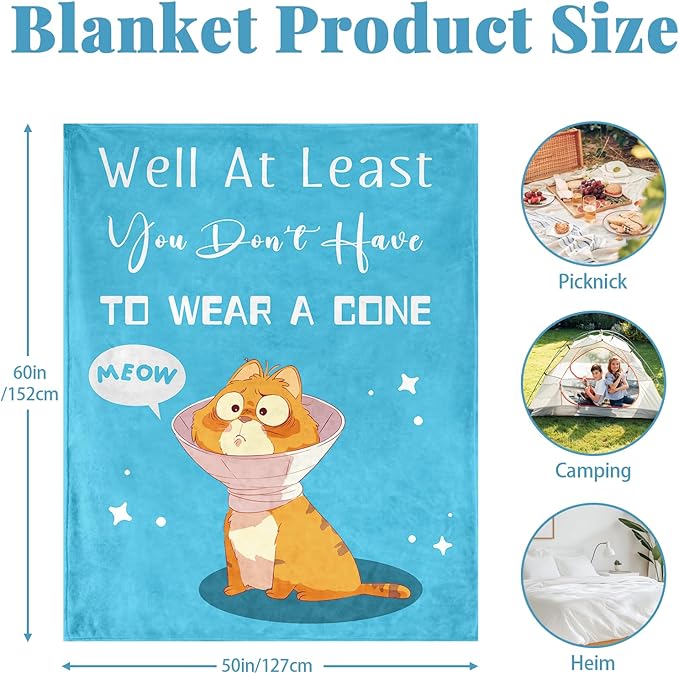 Get Well Gifts for Women After Surgery, Get Well Soon Blanket 50"X60", Funny Feel Better Sympathy Recovery Gifts for Women, at Least You Dont Have to Wear A Cone Throw Blanket, Blue Cat