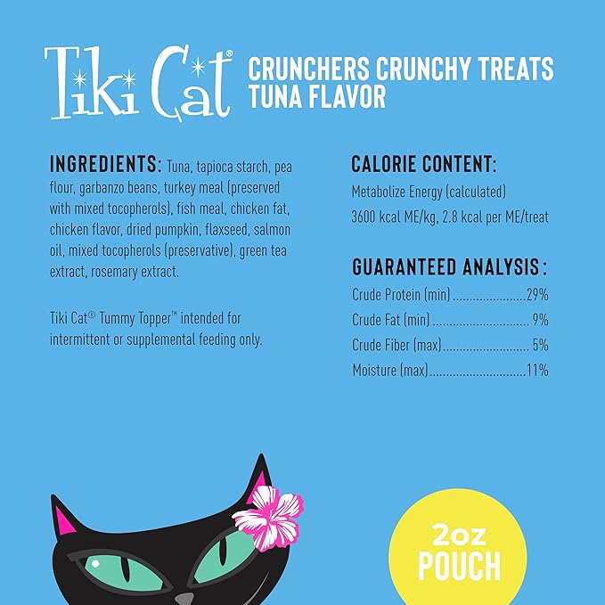 Tiki Cat Crunchers Dry Cat Treats, Tuna Flavor, Low-Calorie Grain-Free Crunchy Snack, For Adult Cats, 2 oz. Pouch (Pack of 6)