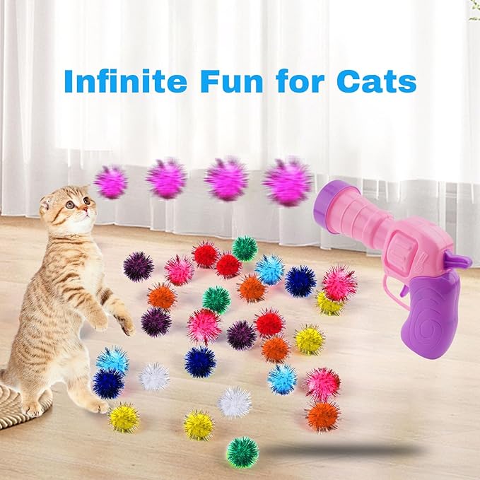 Dorhui Cat Toy Balls with Launchers Set, 30 Pcs Sparkle Pom Pom Balls for Cat,Cat Enrichment Toys,cat Toys for Indoor Cats, Interactive Glitter Pom Pom Balls for Kitty Gifts