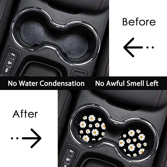 Car Coasters for Cup Holders,2 Pack White Daisy Car Cup Holder Coasters,2.75" Universal Size Anti Slip Rubber Mat,Automotive Cup Holder Decal Decor Accessories,Daisy Gifts for Women,Men,Mom