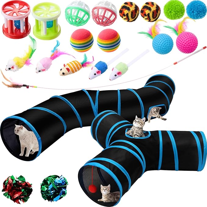 Poen 22pcs Cat Toys Kitten Toys Set with 2 Collapsible Cat Tunnel Toy and 20 Interactive Kitty Toys Cat Feather Toy, Fluffy Mouse, Crinkle Balls, for Cat Kitten Puppy (Blue, Black)