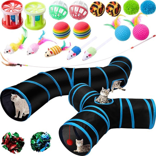 Poen 22pcs Cat Toys Kitten Toys Set with 2 Collapsible Cat Tunnel Toy and 20 Interactive Kitty Toys Cat Feather Toy, Fluffy Mouse, Crinkle Balls, for Cat Kitten Puppy (Blue, Black)