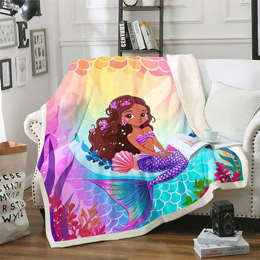 Erosebridal Black Girl Sherpa Blanket - Cute Mermaid & Pretty Princess Throw, Purple Seashell Fleece, Baby Size, Blue Ombre Fish Scales Plush, Coastal Beach Decor