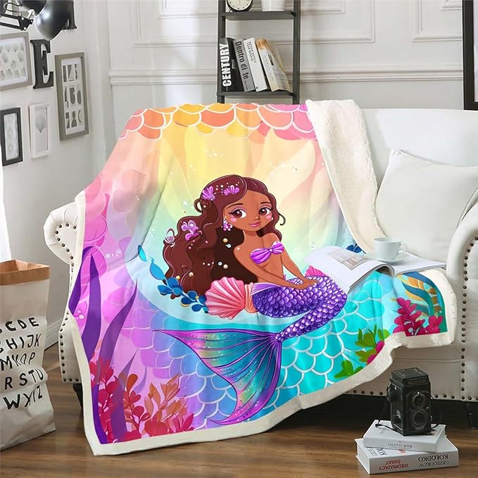 Kawaii Black Girl Throw Blanket for Couch Princess Mermaid Fleece Blanket, Cute Sea Animal Theme Sherpa Blanket Throw Size Colorful Glitter Scales Blanket, Blue Mermaid Tail Bed Blanket Cozy