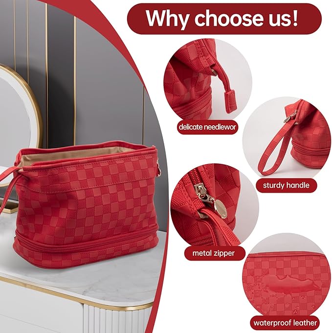 Abiudeng Large Capacity Makeup Bag Ladies Cosmetic Bag Travel Bag with Compartments Portable PU Leather Travel Makeup Bag with Handle