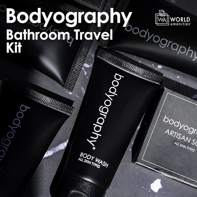 Bodyography Toiletry Kit - 6 Piece Set Shampoo, Conditioner, Body Wash, Lotion, Hand Soap, Massage Bar, Clear Travel Bag