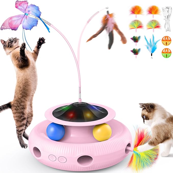 Interactive Cat Toy: 4 in 1 Automatic Cat Toy for Indoor Cats, Electric Kitten Toy with Rechargeable Battery, Self Play Kitty Toy with Fluttering Butterfly, Track Ball and Feather Pack, Pink