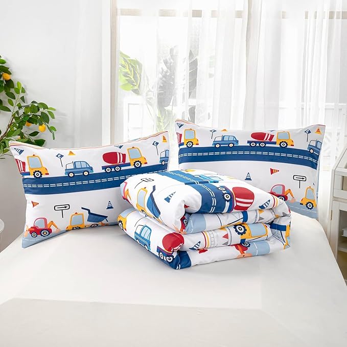 Cartoon Car Kids Comforter Set Twin,Construction Bedding Set Equipment Trucks Comforter Excavator Tractor Quilt Set with 1 Comforter 2 Pillowcases for Boys Girls Teens Adults Bedroom Decor(Blue Red)