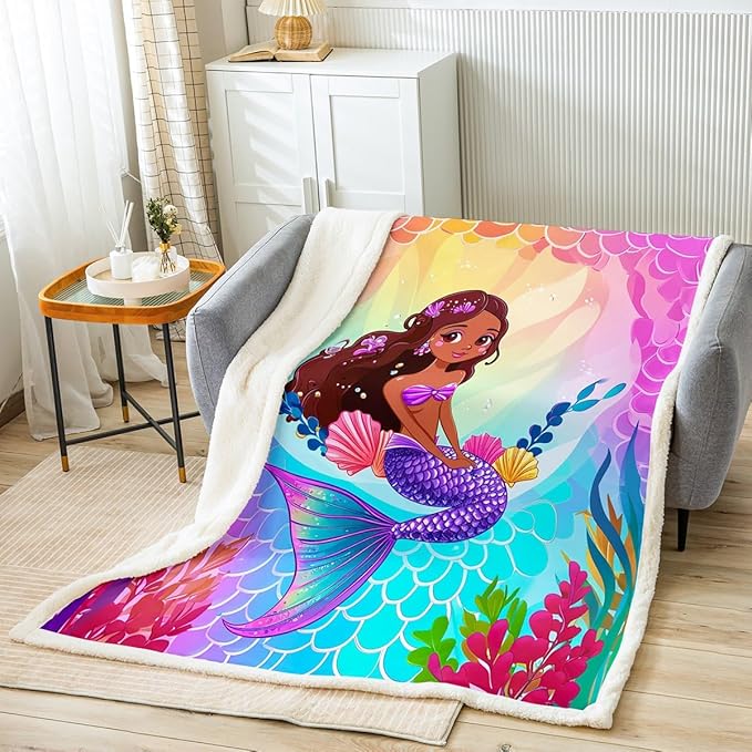 Kawaii Black Girl Throw Blanket for Couch Princess Mermaid Fleece Blanket, Cute Sea Animal Theme Sherpa Blanket Throw Size Colorful Glitter Scales Blanket, Blue Mermaid Tail Bed Blanket Cozy