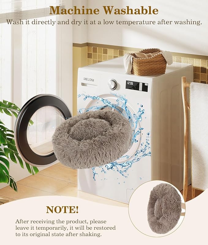 Round Dog Bed for Small Dogs, Donut Cuddler Plush Cat Calming Bed with Machine Washable, Non-Slip Fluffy Dog & Cat Calming Cushion Bed for Joint-Relief and Sleep Improvement, M Size, Khaki